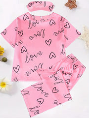 Heart & Letter Print Pajama Set with Eye Mask
