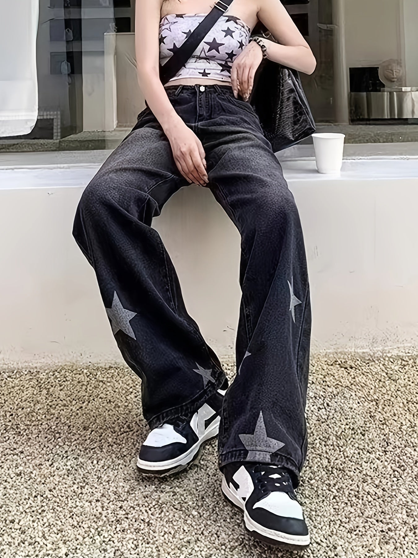 High Rise Straight Leg Jeans Dark Grey Y2K Style Denim Pants