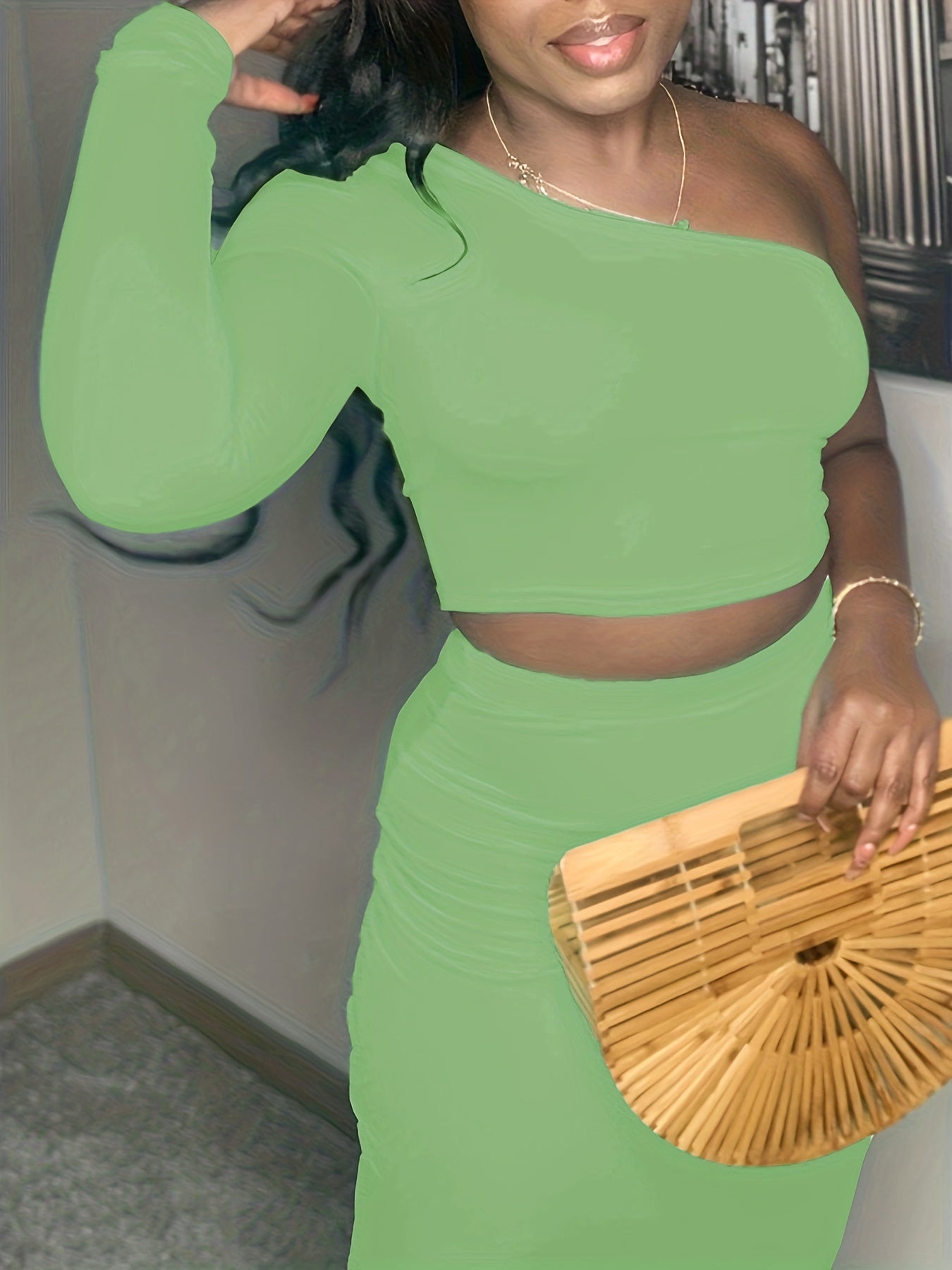 One Shoulder Crop Top & Bodycon Skirt Set Women's Clothing