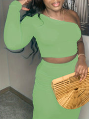 One Shoulder Crop Top & Bodycon Skirt Set Women's Clothing