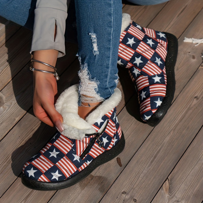 Women's American Flag Snow Boots Warm Outdoor Short Boots