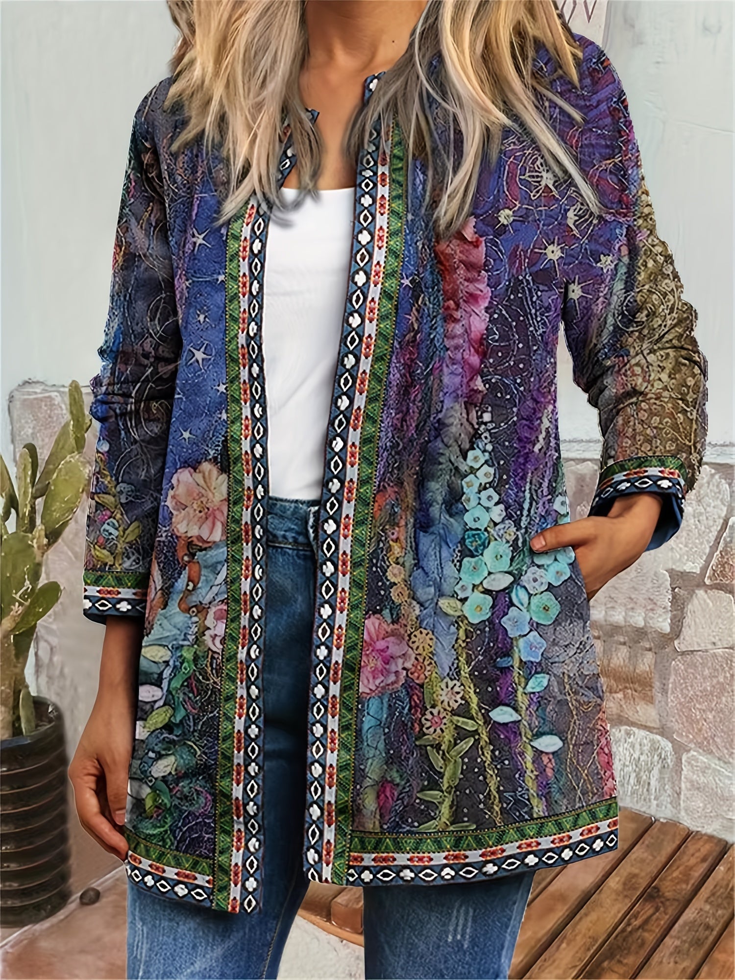 Floral Print Open Front Jacket Long Sleeve Casual Jacket for Fall & Winter