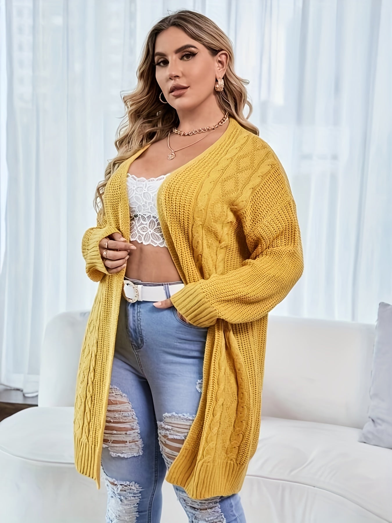Casual Cardigan Women's Plus Solid Jacquard Long Sleeve Knit Cardigan