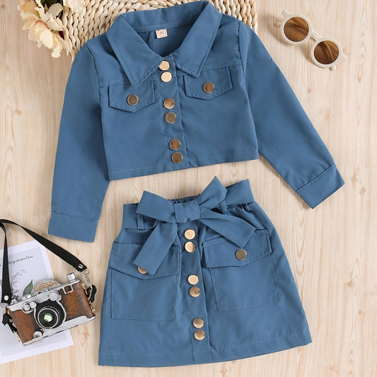 Girls Long Sleeve Top & Skirt Set with Belt