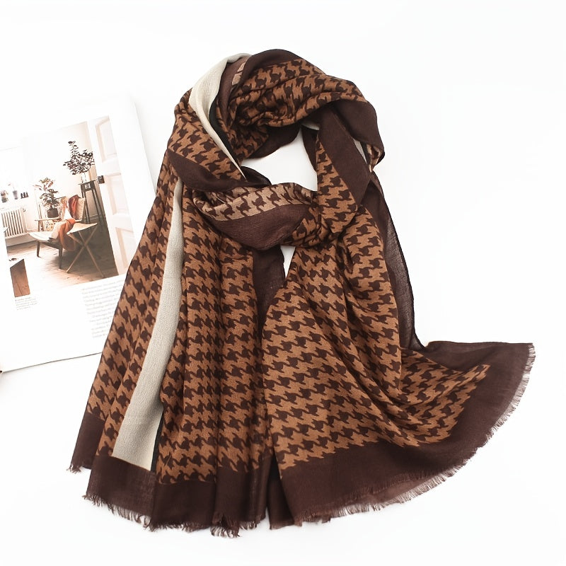 Houndstooth Frayed Scarf Shawl for Outdoor Travel
