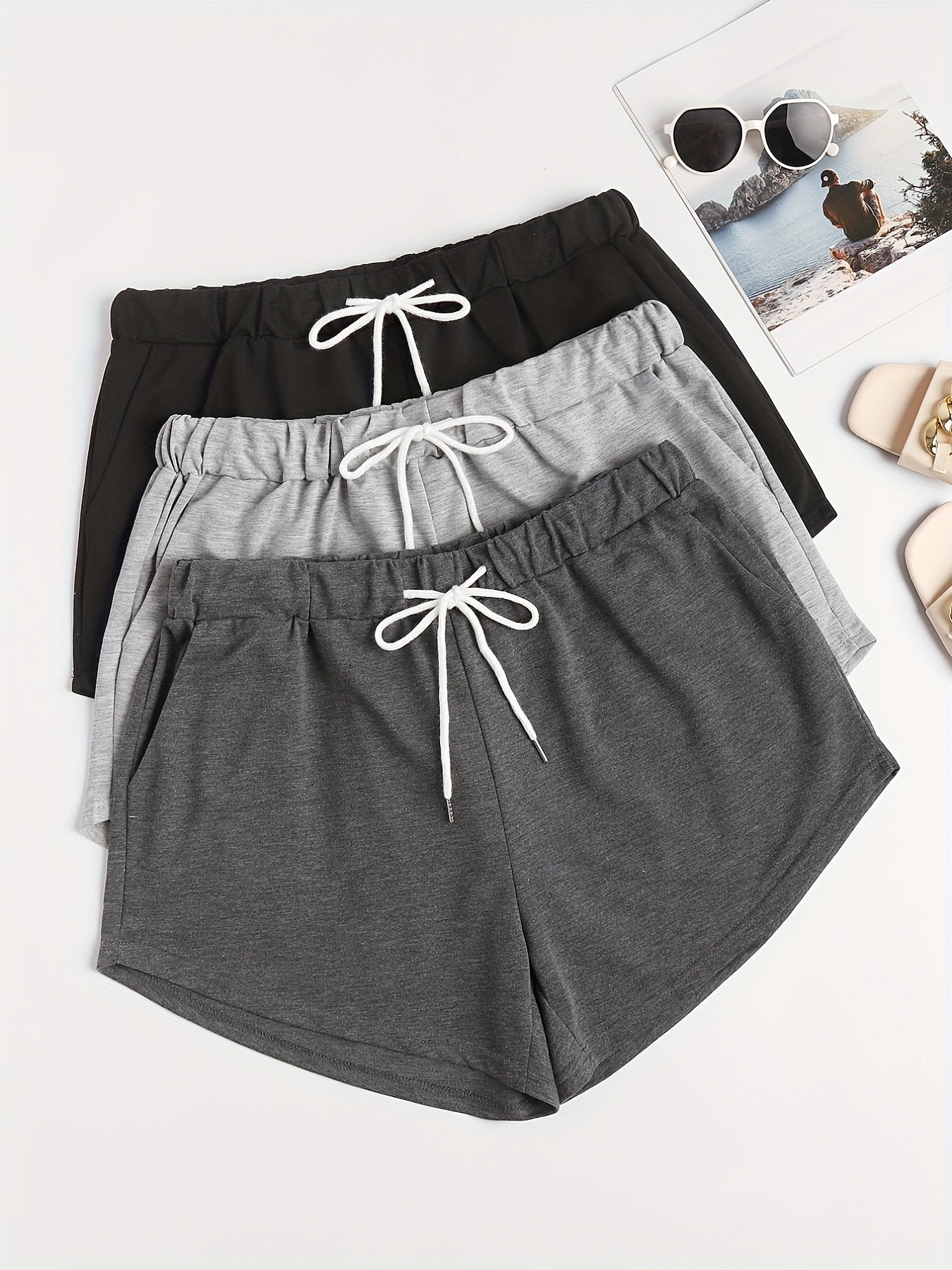 3 Pack Plus Size Basic Shorts Set Solid Plain Elastic Drawstring Shorts
