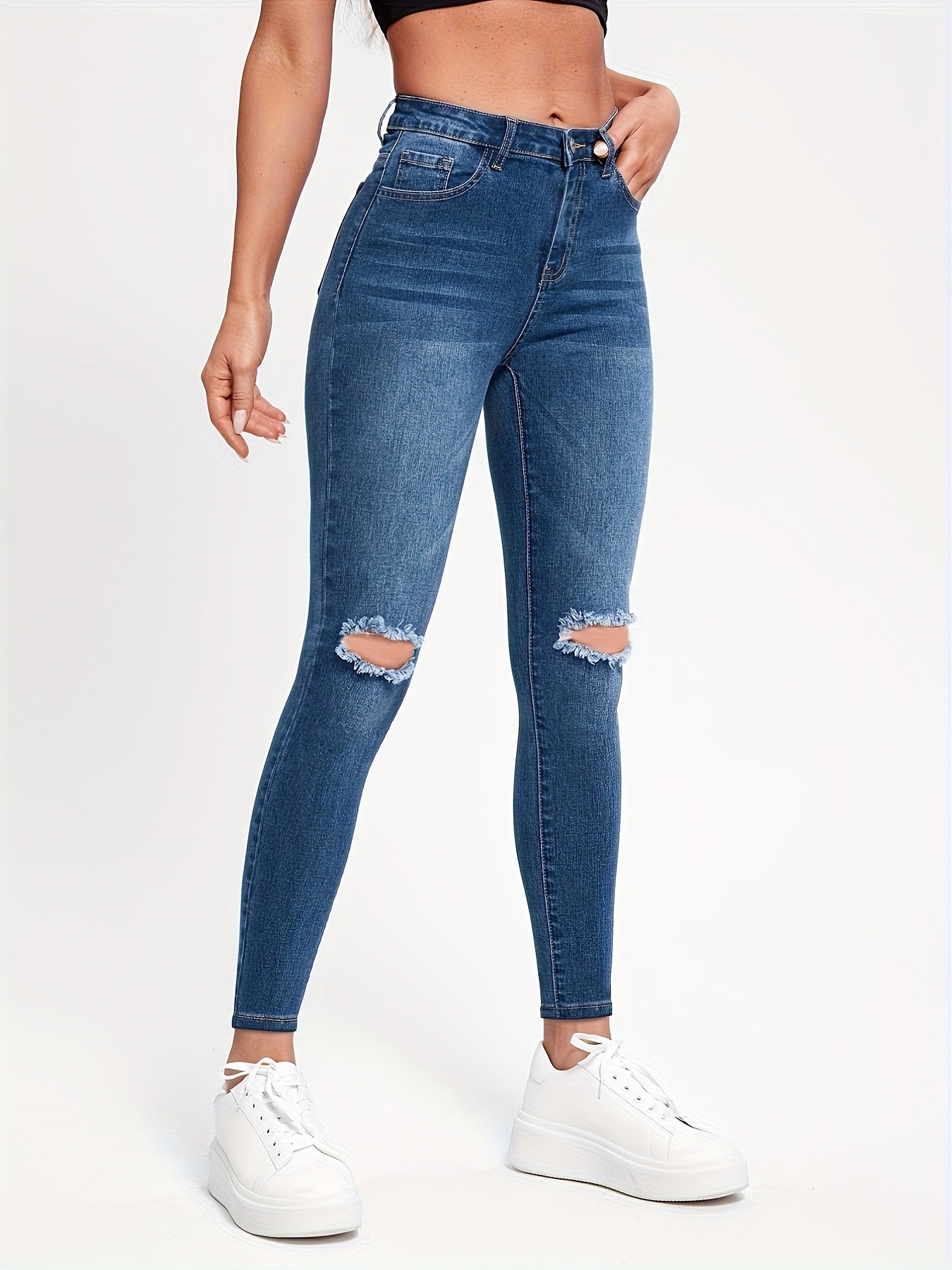 Ripped Knee Cut Skinny Jeans Solid Stretchy Whiskering Denim Pants
