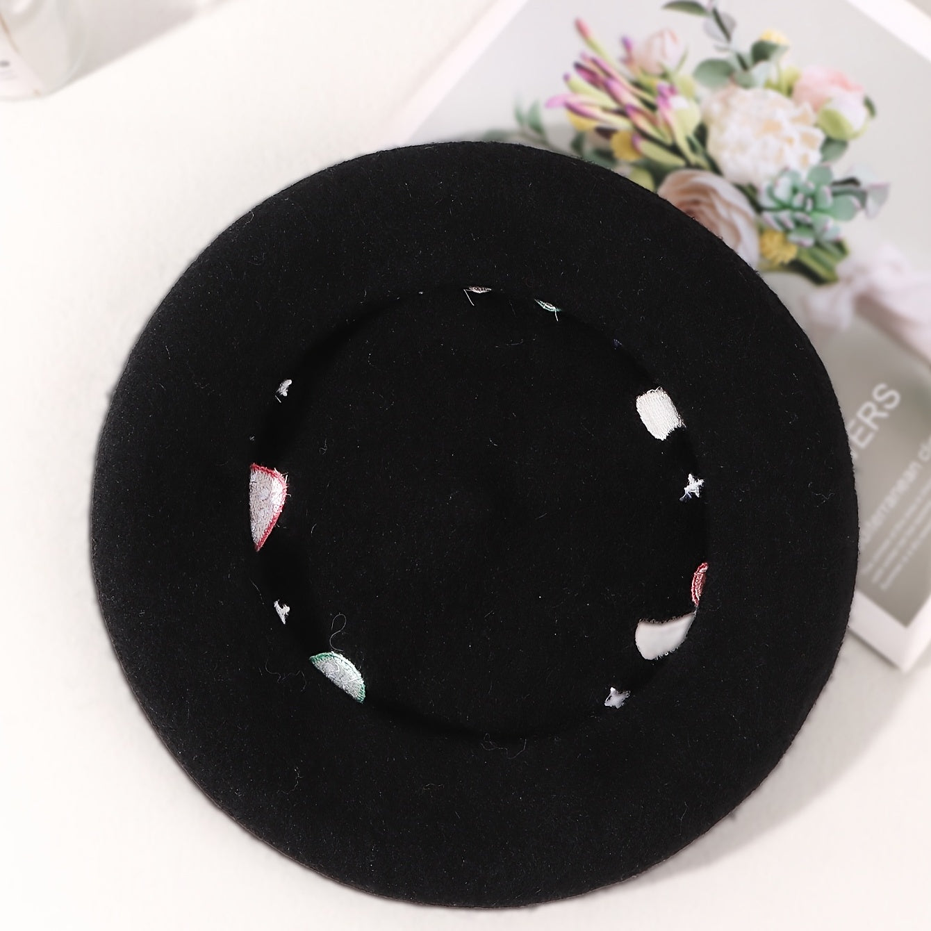 Mushroom Embroidery Wool Beret Art Painter Hat Women's Autumn Winter