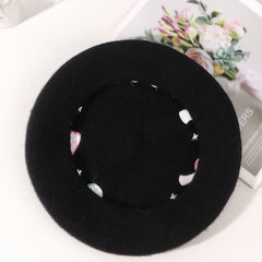 Mushroom Embroidery Wool Beret Art Painter Hat Women's Autumn Winter