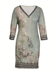 Retro Dress Women's Plus Floral Long Sleeve V Neck Dress