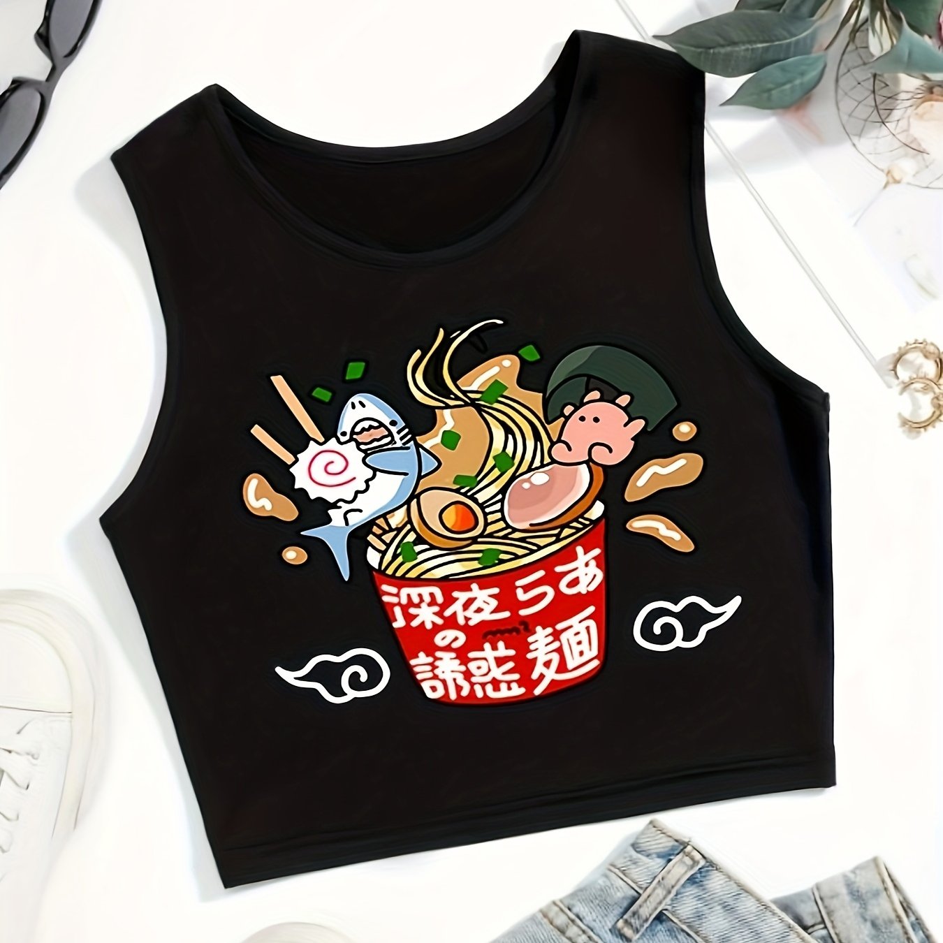 Noodles Print Crop Tank Top Sexy Summer Sleeveless Casual Top