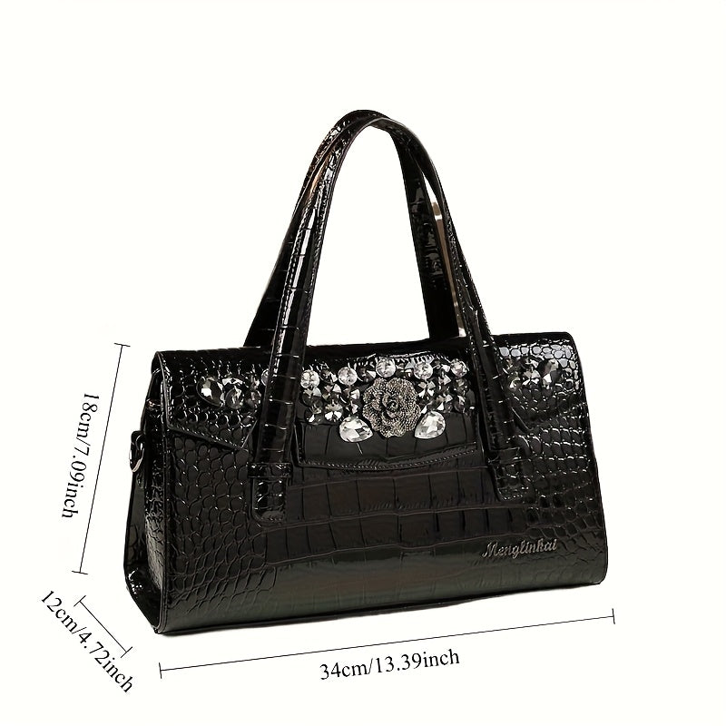 Women's Crocodile Handbag Sparkling Accents Large Capacity Purse Green