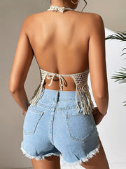 Crochet Halter Neck Top Hollow Out Tassel Casual Summer & Spring Top