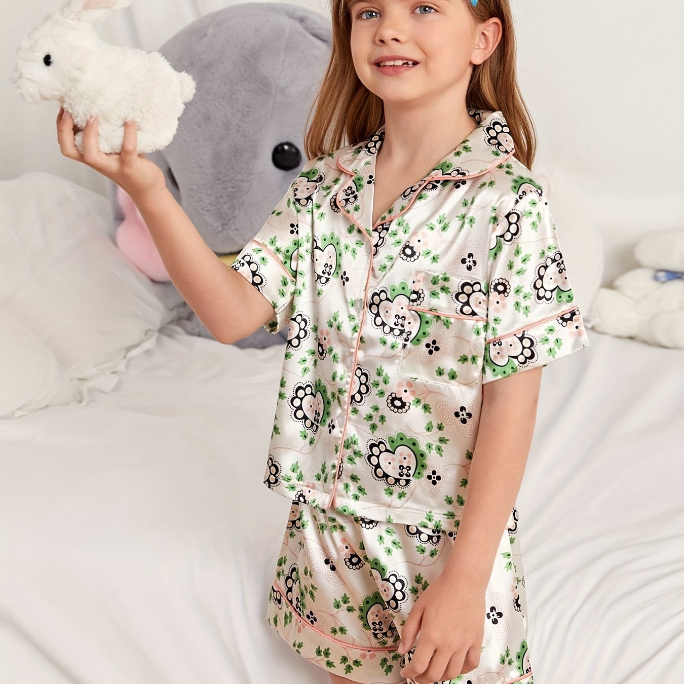 Girls Pajamas Set Flowers Graphic Short Sleeve Top & Shorts Sleepwear