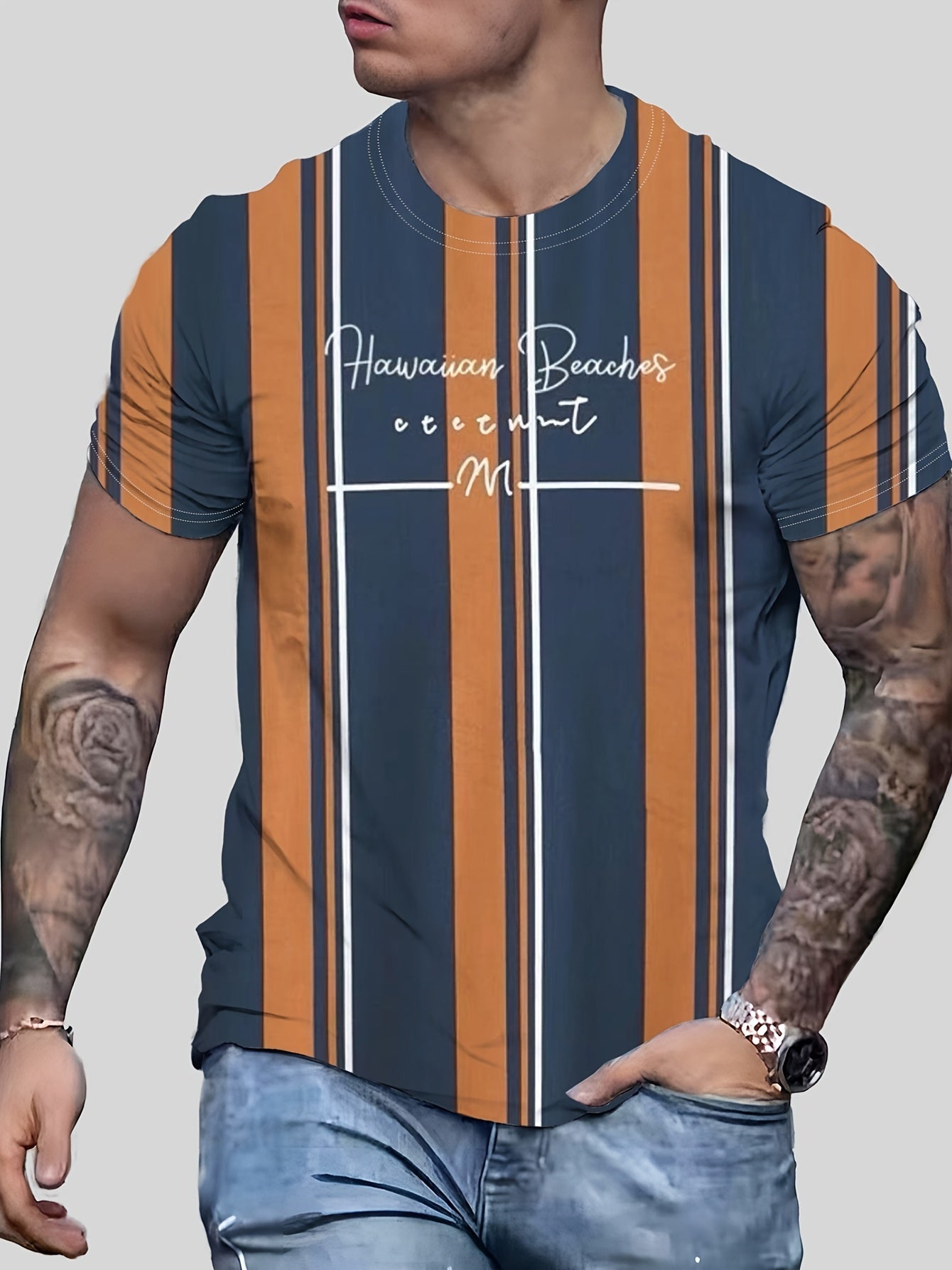 Men's Hawaiian Beaches Stripe T-shirt for Summer