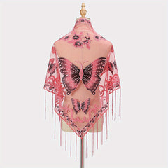 Vintage Butterfly Embroidery Tassel Shawl Lace Wraps for Women