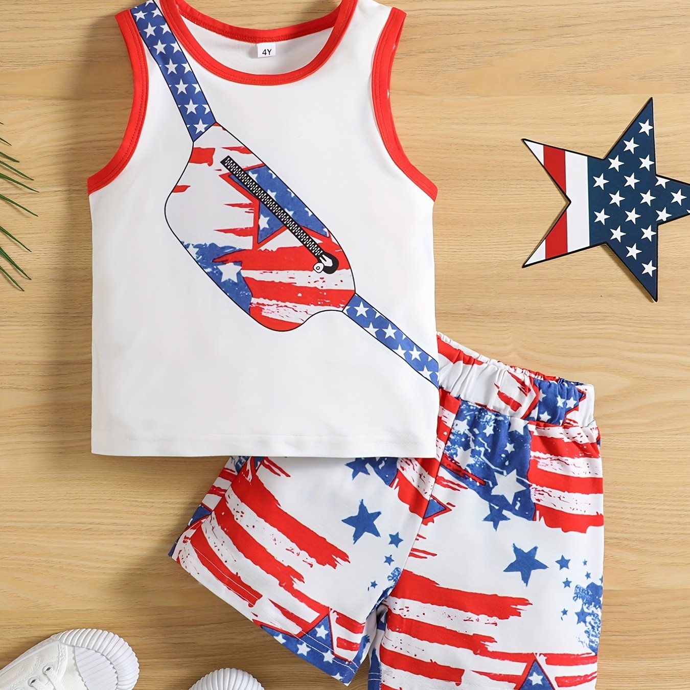 Boys American Flag Print Vest and Shorts Set