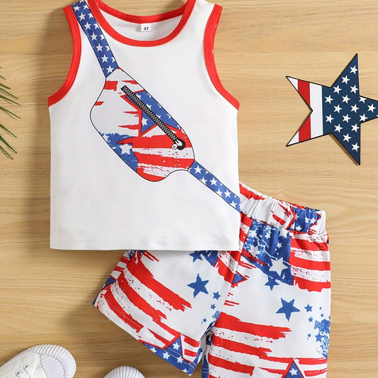 Boys American Flag Print Vest and Shorts Set