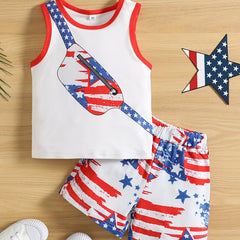 Boys American Flag Print Vest and Shorts Set