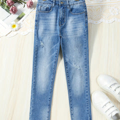 Girls Ripped Skinny Jeans Zipper Fly Stretch Denim Pants