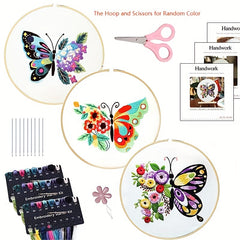 3pcs Embroidery Kit Flowers & Butterfly Pattern 20 07 Cm Hoop