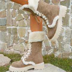Women's Brown Chunky Heel Boots Lace-Up Plush Outdoor Boots
