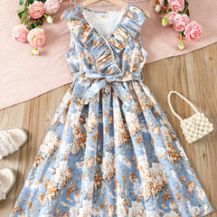 Toddler Girls Sleeveless Ruffle Trim Flowers Graphic Princess Dress