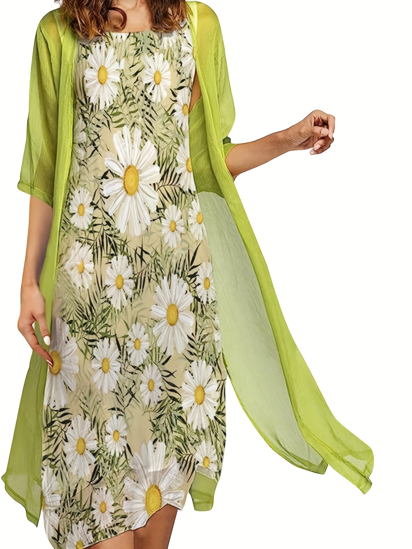 Solid Open Front Top & Floral Print Dress Set