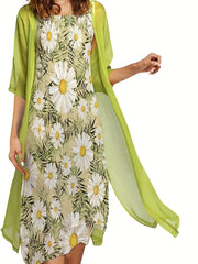 Solid Open Front Top & Floral Print Dress Set