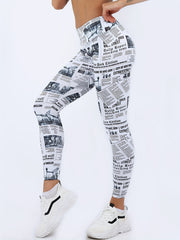 Newspaper Pattern Fitness Gym Leggings High Waist Yoga Workout Running Pants
