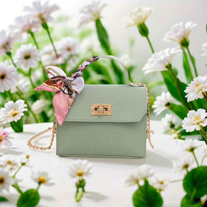 Pink Faux Leather Handbag with Geometric Pattern & Scarf Chain