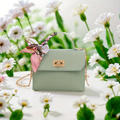 Pink Faux Leather Handbag with Geometric Pattern & Scarf Chain