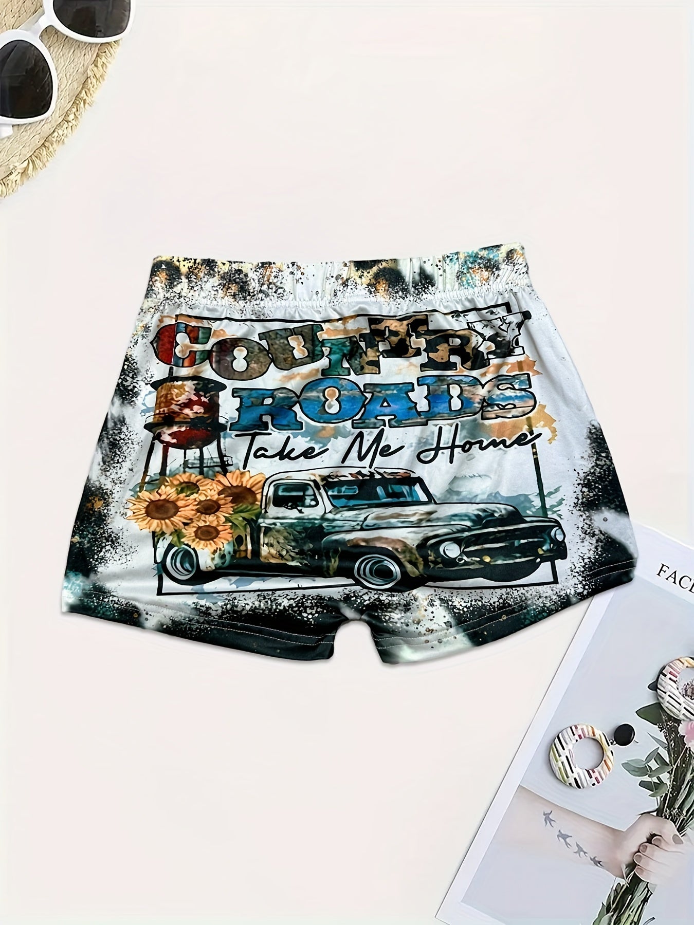 Letter & Truck Print Skinny Shorts