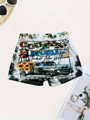 Letter & Truck Print Skinny Shorts