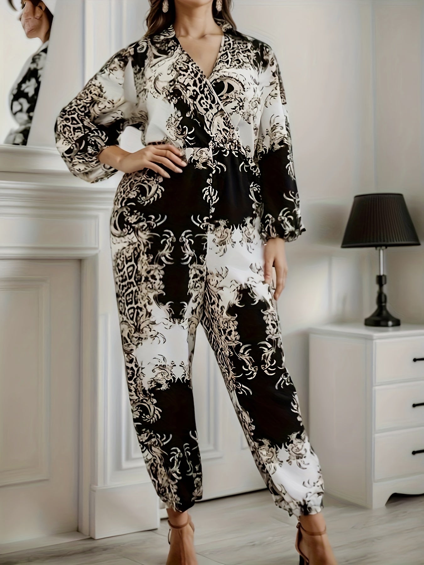 Baroque Print Lantern Sleeve Jumpsuit