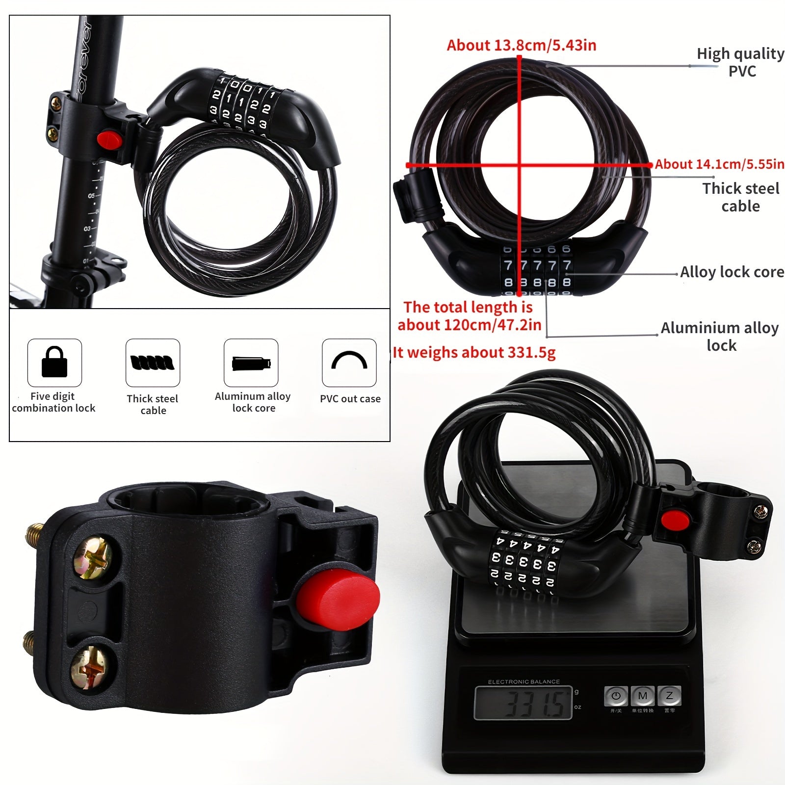 4 Digit Combo Lock Anti thief Cable Code High PVC Material Convenient