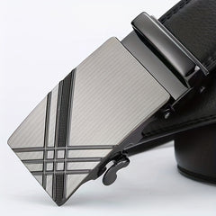 Men's Calfskin Leather Belt with Automatic Buckle for Business Suit