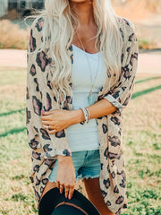 Leopard Print Long Length Open Front Cardigan Fall Winter Coat