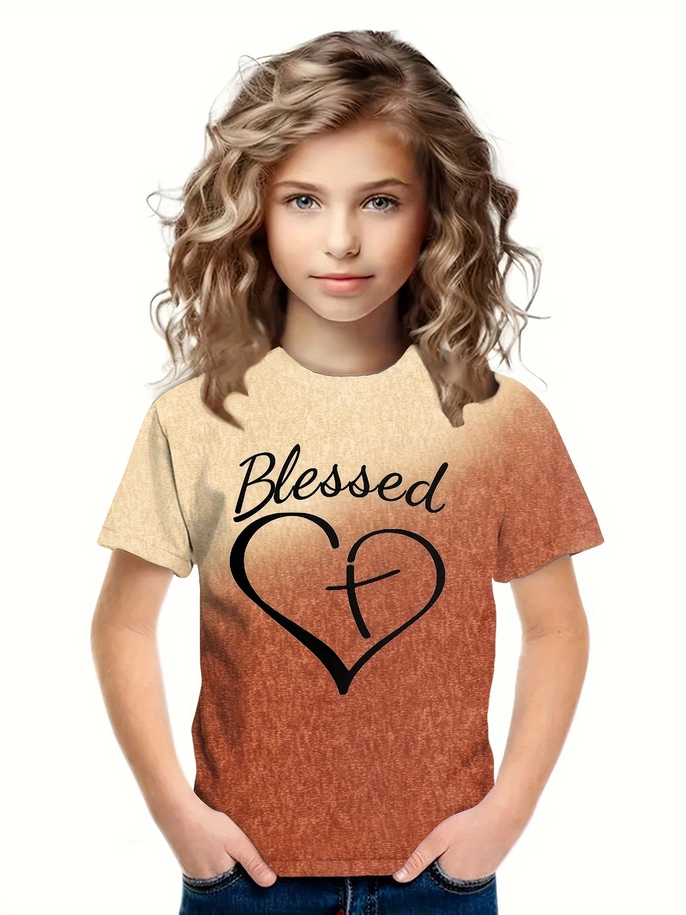 Girls Gradient Cross Heart Short Sleeve T shirt For Summer Party Gift