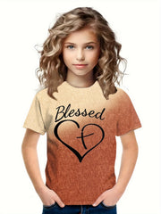 Girls Gradient Cross Heart Short Sleeve T shirt For Summer Party Gift