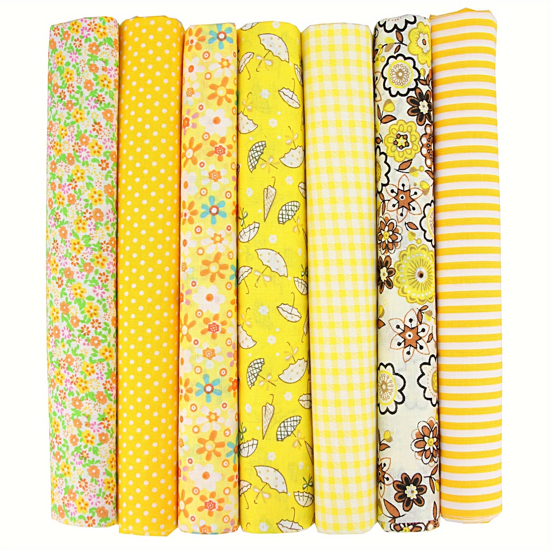 7pcs Yellow Floral Plaid Polka Dot Cloth Set for DIY Sewing Scrapbooking