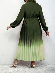 Ombre Print Long Sleeve V Neck Pleated Dress