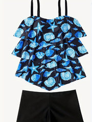 Tree Print Tankini Set Women's Top & Shorts Two Piece