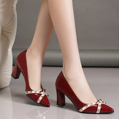 Studded Decor Chunky Heels Cross Strap Pointed Toe Pumps