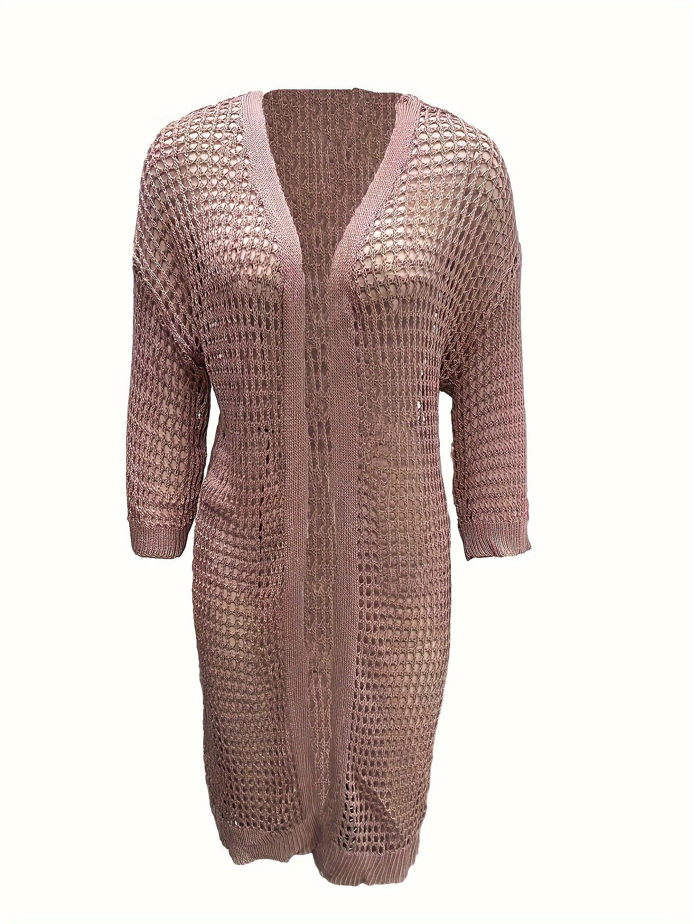 Solid Hollow Out Long Sleeve Open Front Cardigan