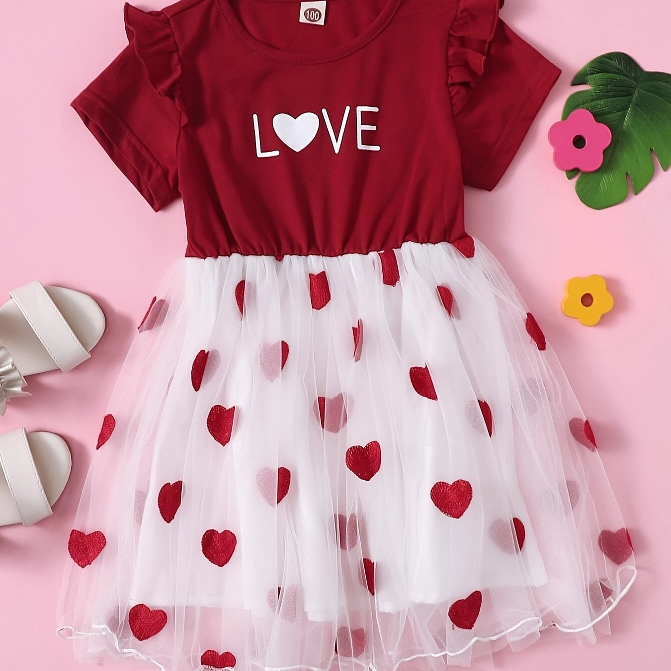 Toddler Girls Heart Print Dress Short Sleeve Mesh Splicing Round Neck Ruffle