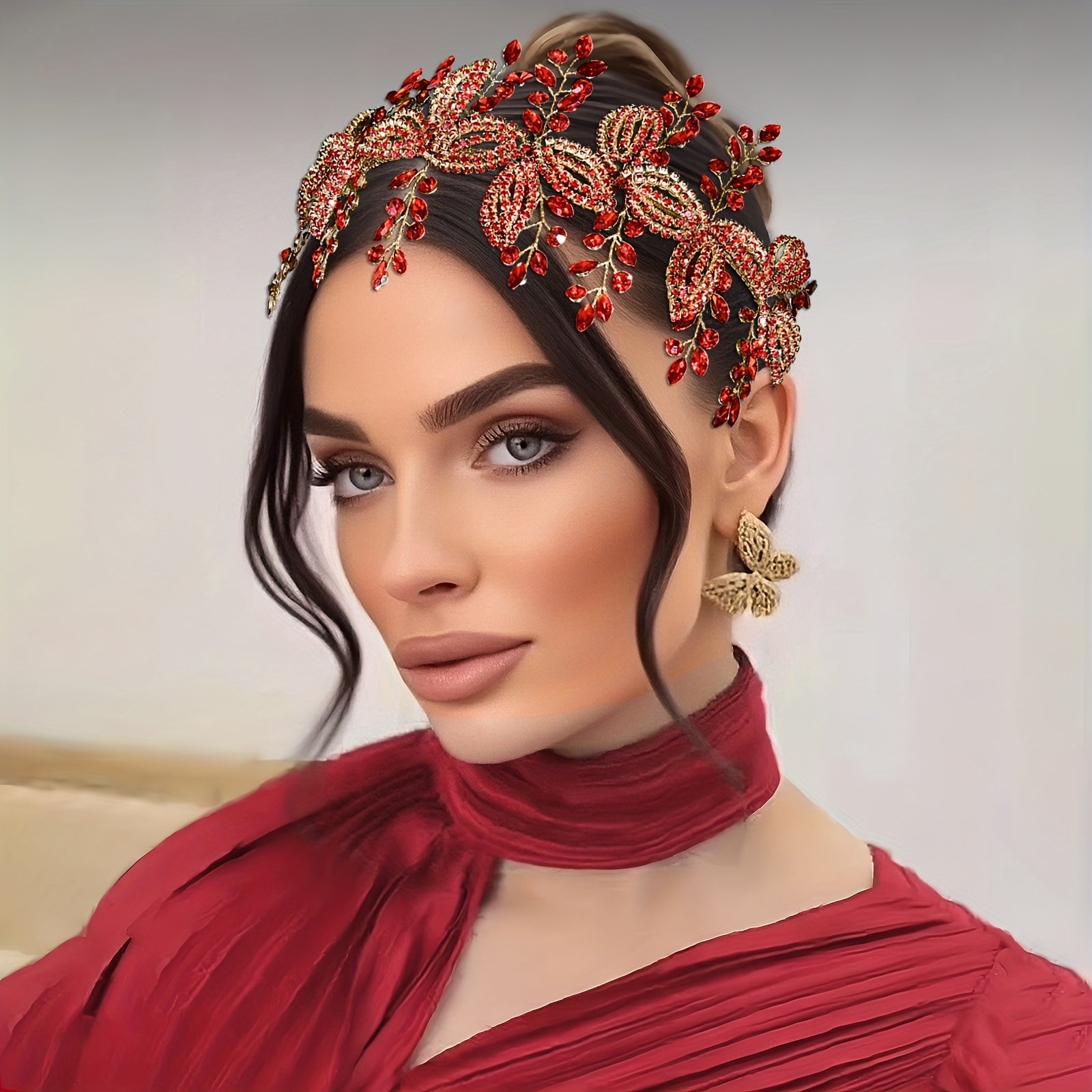 Vintage Red Rhinestone Floral Bridal Headband Wedding Prom Formal