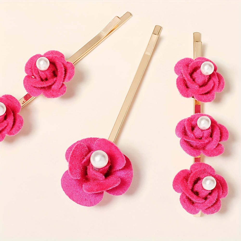 3pcs Faux Pearl Flower Bobby Pin Retro Rose Side Clip