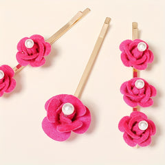 3pcs Faux Pearl Flower Bobby Pin Retro Rose Side Clip