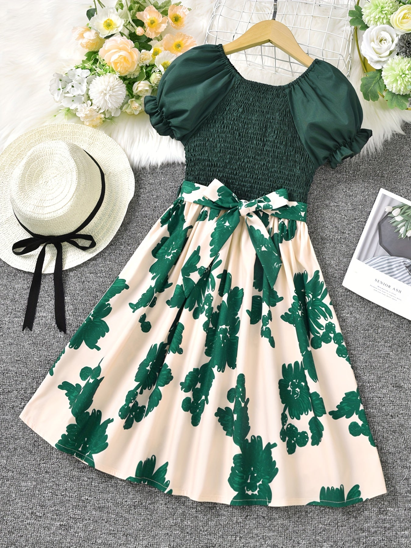 Toddler Girls Puff Sleeve Leaves Graphic Princess Dress